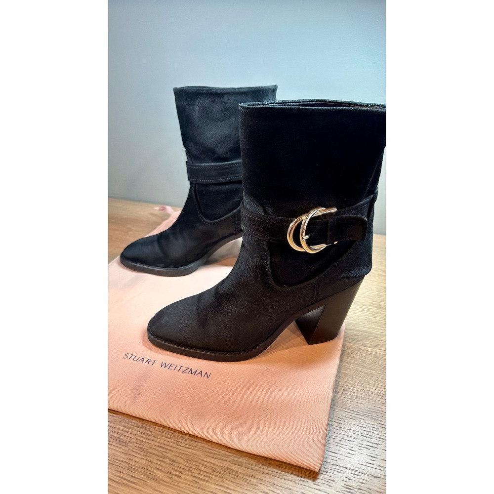 Stuart Weitzman Black Suede Buckle Ankle Boots Block Heel Women 6.5 Spain